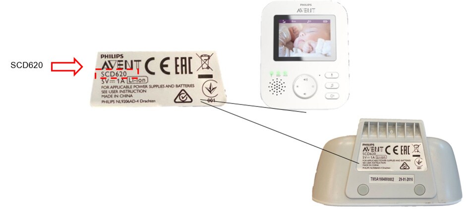 „Philips Avent“ kūdikių stebėjimo prietaiso SCD620 gaminio tipo numeris
