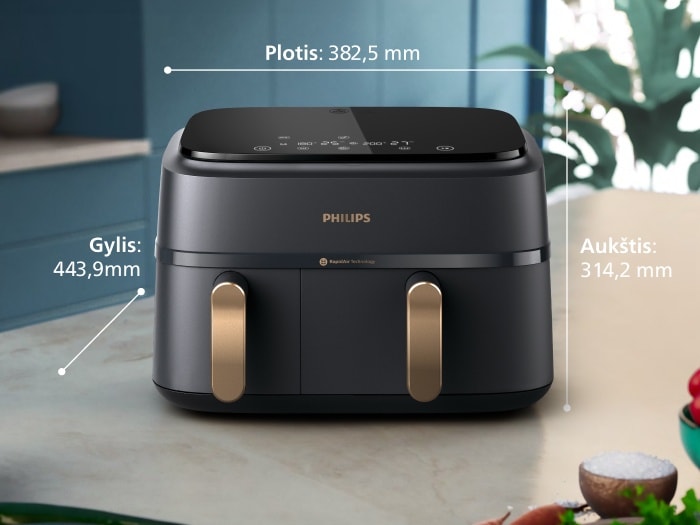 „Philips Airfryer“ su dvigubu krepšiu stovi ant stalviršio su visais aprašytais matmenimis: plotis: 38,25 cm, gylis: 31,42 cm, aukštis: 44,39 cm