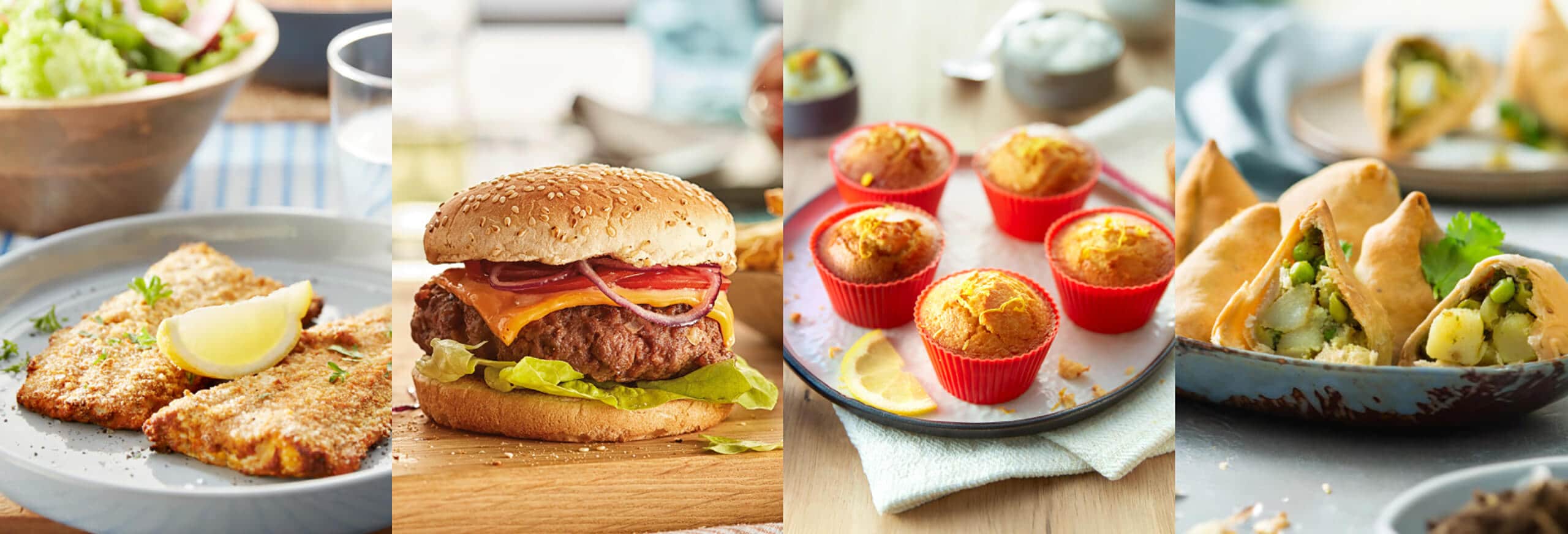 Keturi skirtingi, skanūs patiekalai, paruošti naudojant „Philips Airfryer“ su dvigubu krepšiu